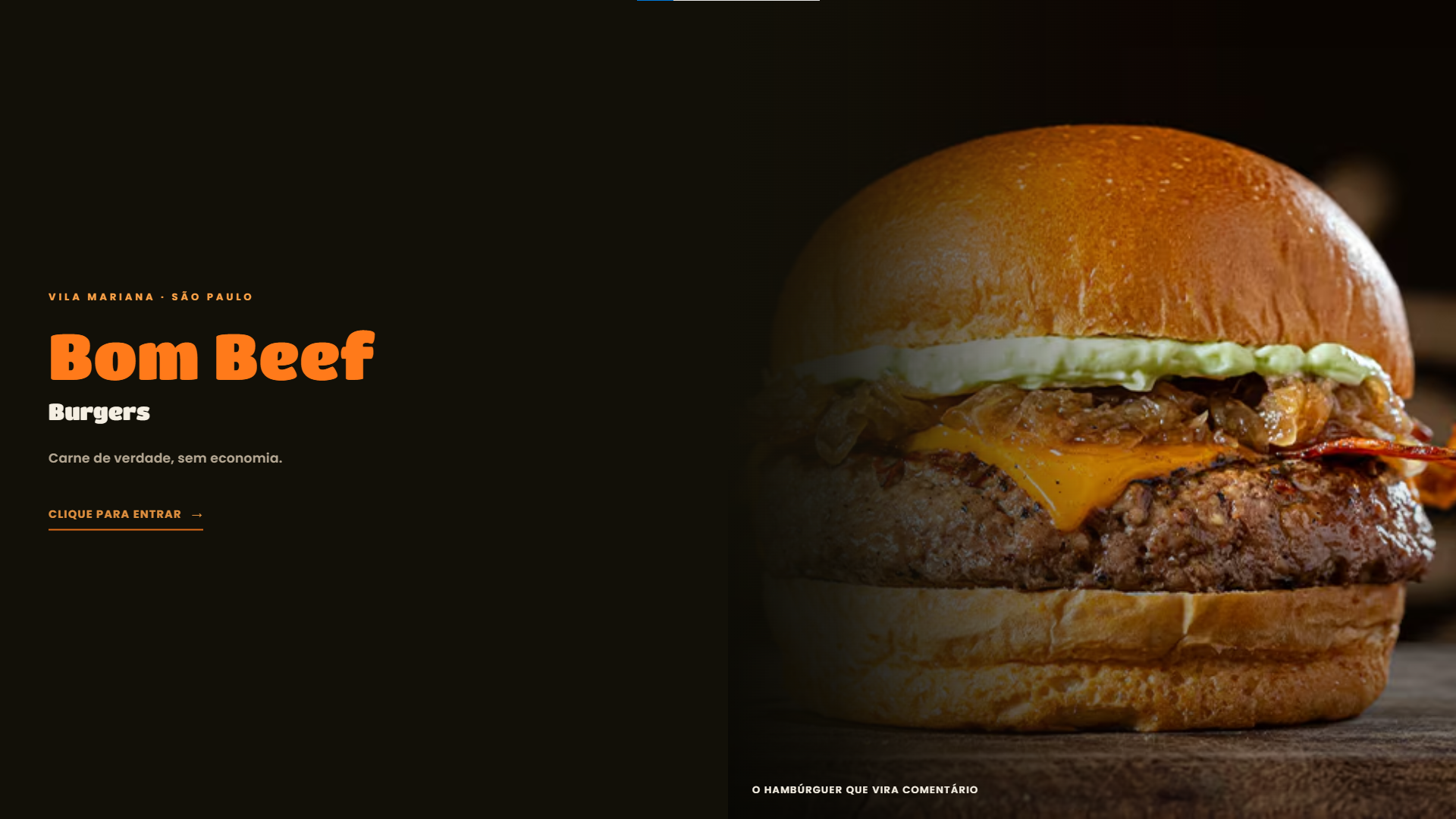 Abertura do site do Bom Beef Burgers, com o hambúrguer da casa em destaque