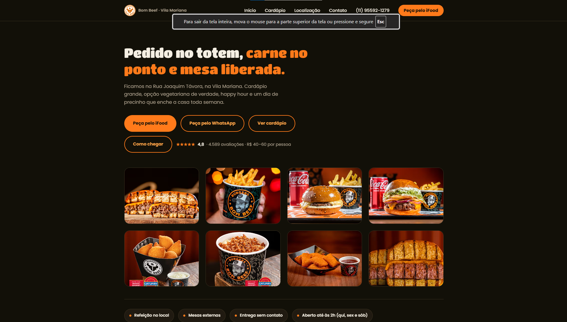 Página inicial do site com botões de pedido e galeria de fotos dos lanches