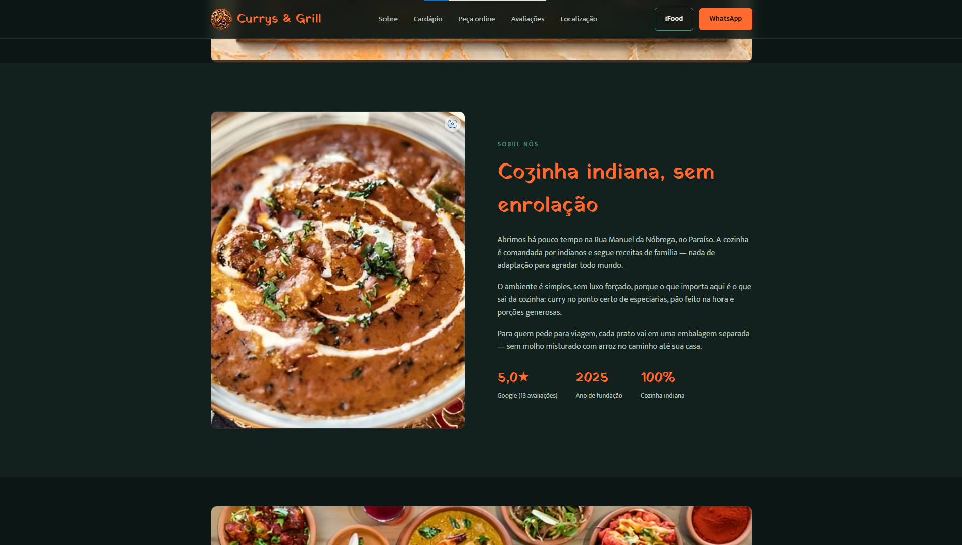 Seção 'Sobre nós' do site, com foto do prato e a história do restaurante
