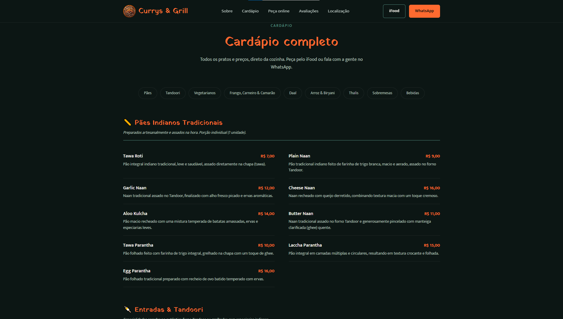Cardápio completo do site, com pratos indianos e preços