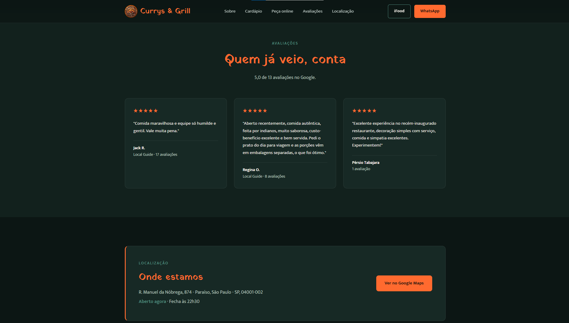 Avaliações do Google e bloco de localização do restaurante